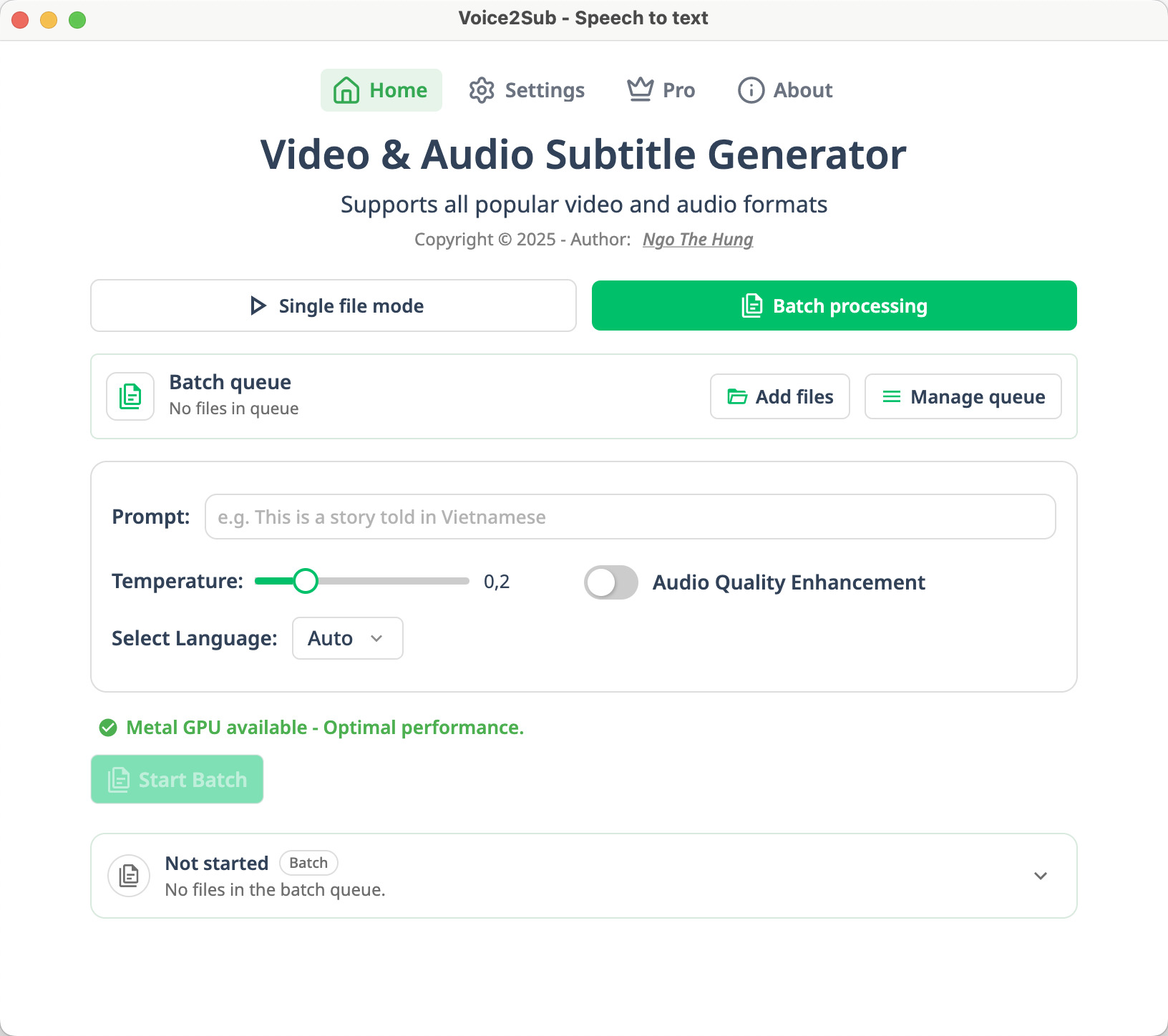 Voice2Sub desktop app generating subtitle files from local media